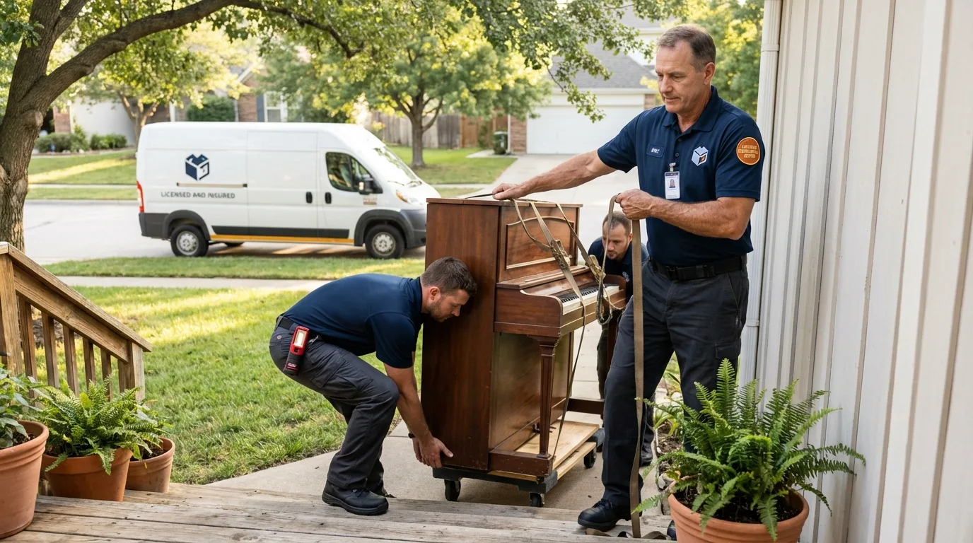 Licensed piano movers securing grand piano in Crump, TN