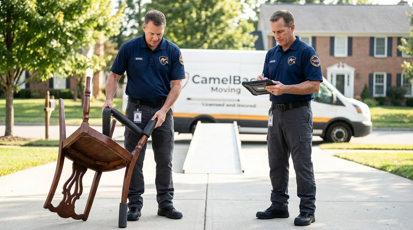Movers inspecting furniture for damage prevention before loading in Crump, TN